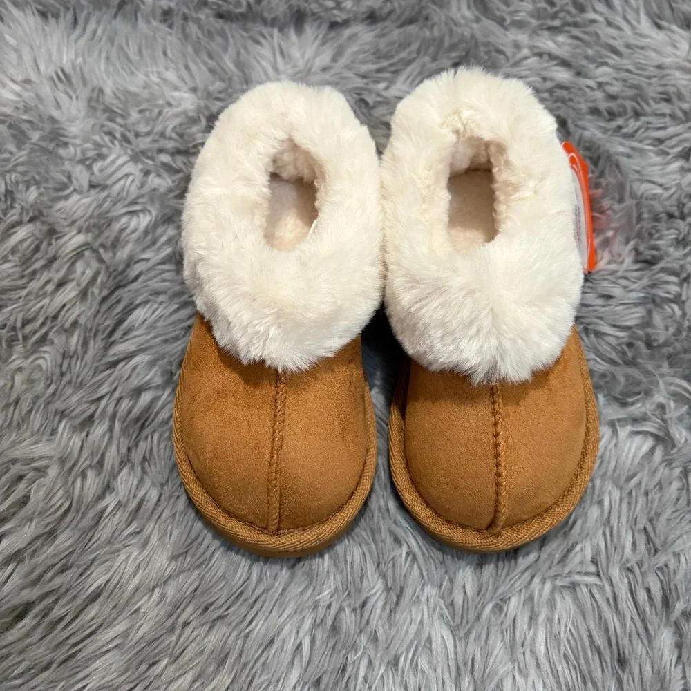 Wonder‎ Nation Toddler Fur Lined Slippers Brown Soft Girls 7/8c NEW